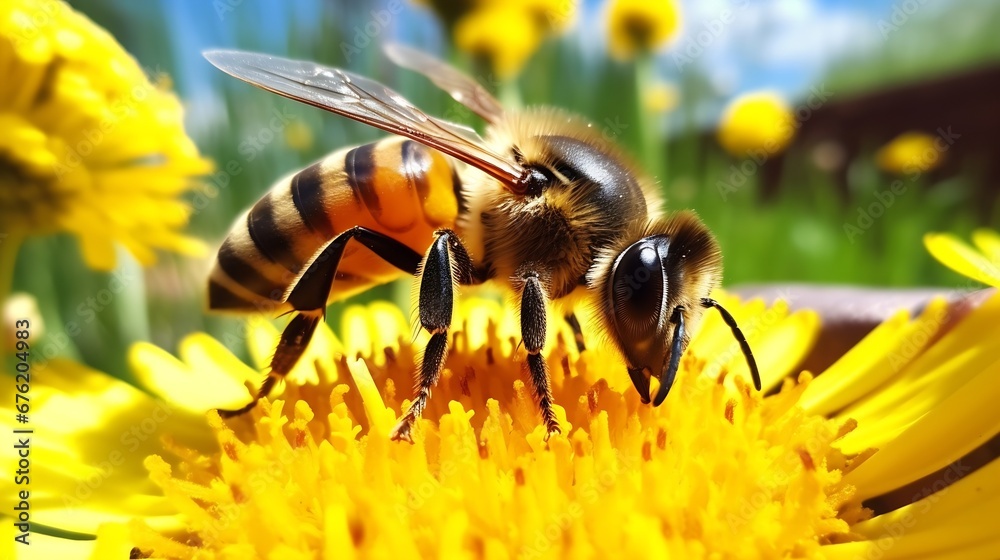 Bee and flower. Close up of a large striped bee collecting pollen on a yellow flower on a Sunny day on a green background. A bee collects honey. Summer and spring backgrounds : Generative AI Bee and flower. Close up of a large striped bee collecting pollen on a yellow flower on a Sunny day on a green background. A bee collects honey. Summer and spring backgrounds : Generative AI