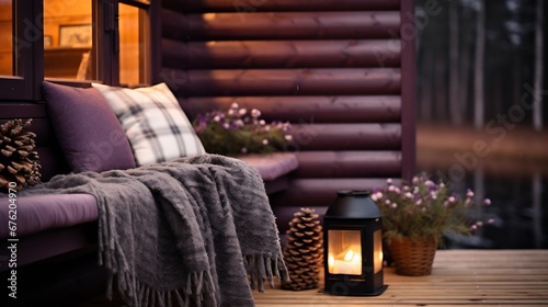 Small natural color wooden cabin balcony with heather flowers, candlelight flame, soft dark green plaid waiting on garden furniture chair. Cute autumn hygge home decor arrangement. : Generative AI