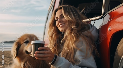 Young woman enjoying drink in mug while beach car camping with dog : Generative AI photo
