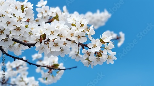 Branches of blossoming cherry white flowers on blue sky background  close-up.   Generative AI