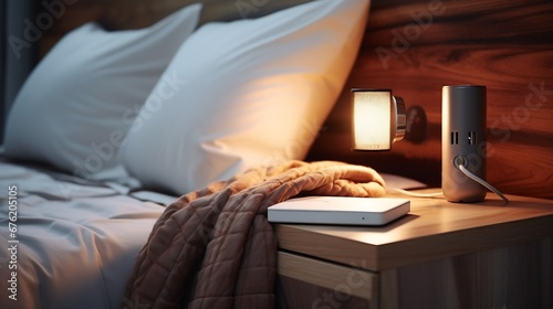 Close-up fragment of bedroom with empty bedside table, reading lamp and a USB socket in modern interior​ design home or hotel. Soft pillow and blanket, stylish comfortable furniture. S : Generative AI photo