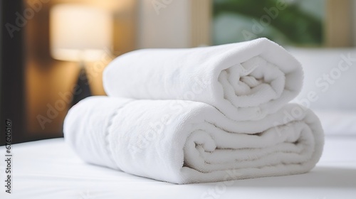 Close up and selective focus white towels on white bed at hotel : Generative AI