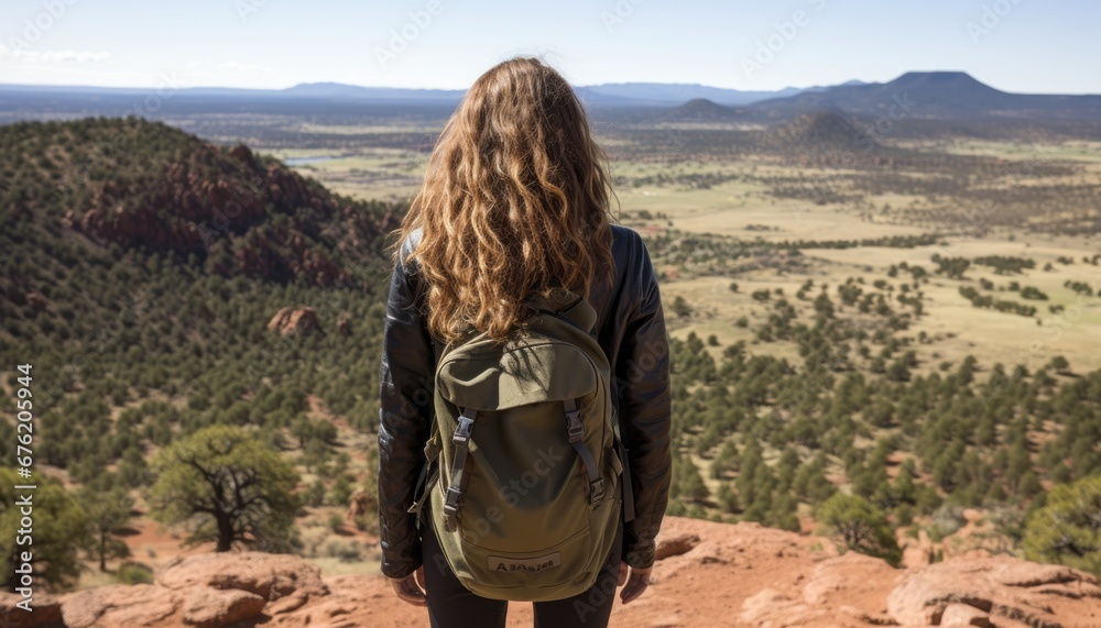 Naklejka premium Fearless hiker embraces majestic mountain view, immersing in breathtaking valley beauty
