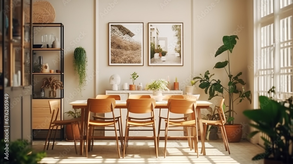 Stylish and botany interior of dining room with design craft wooden table, chairs, a lof of plants, window, poster map and elegant accessories in modern home decor. Template.