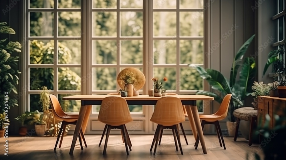Stylish and botany interior of dining room with design craft wooden table, chairs, a lof of plants, window, poster map and elegant accessories in modern home decor. Template