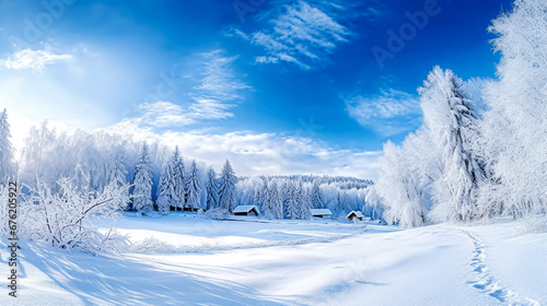 Blurred beautiful winter landscape with snow covered trees and blue sky. Panorama. Selective focus