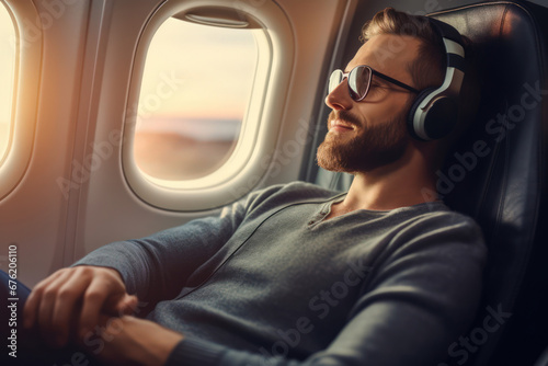 Happy man passenger sitting on business class luxury plane headphones in his ears to listen music. Concept travel by airplane. © Kowit