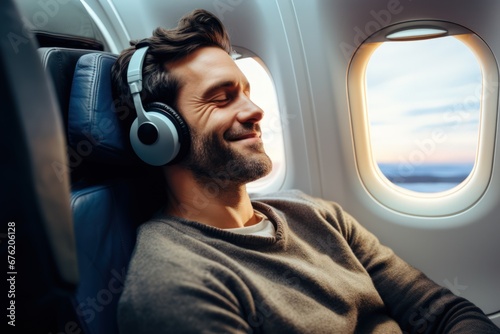 Happy man passenger sitting on business class luxury plane headphones in his ears to listen music. Concept travel by airplane. photo
