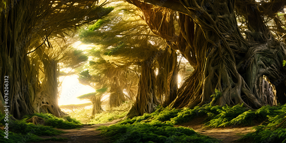 A Breathtaking Journey: Stunning Image of a Coastal Route through Enchanting Trees