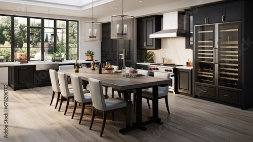 Warm white kitchen with expansive countertops island high end appliances spice kitchen black leather chair dining table wine fridge and office work station