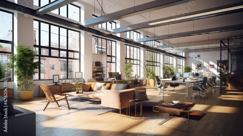 Trendy modern open concept loft office space with big windows  natural light and a layout to encourage collaboration  creativity and innovation