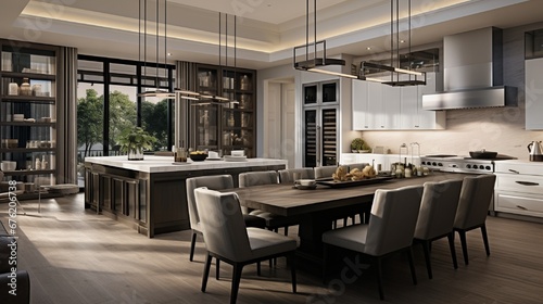 Warm white kitchen with expansive countertops island high end appliances spice kitchen black leather chair dining table wine fridge and office work station