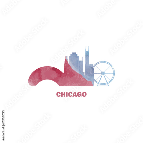 Chicago city US watercolor cityscape skyline panorama vector flat modern logo icon. USA, Illinois state of America emblem with landmarks and building silhouettes. Isolated red and blue graphic