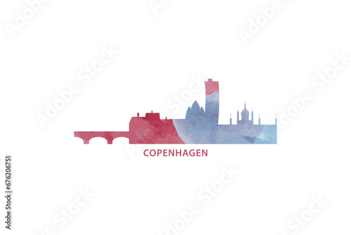 Copenhagen watercolor cityscape skyline city panorama vector flat modern logo, icon. Denmark capital emblem concept with landmarks and building silhouettes. Isolated graphic