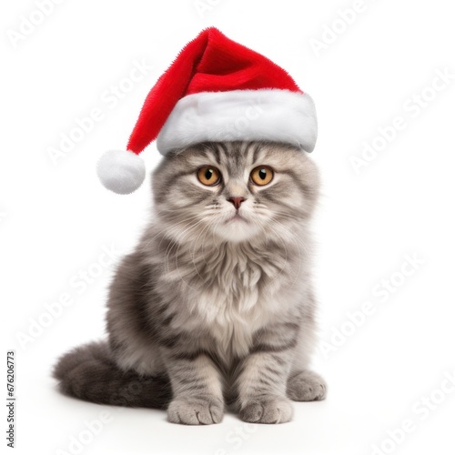 Kitten in santa hat isolated on a white background. © keystoker