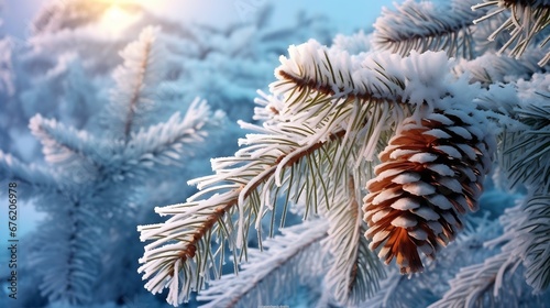 Fir branches in hoarfrost and snow with cones on a blue background of the sunset sky . Close-up. winter background : Generative AI