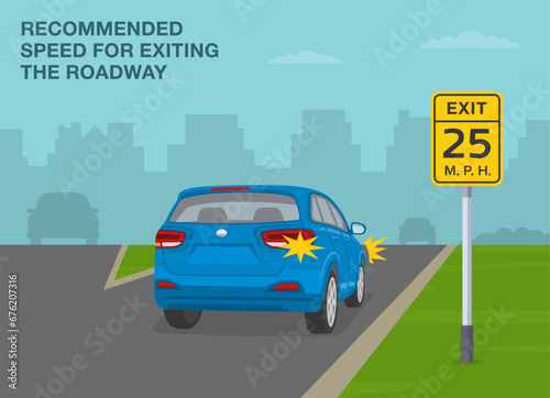 Fototapeta Naklejka Na Ścianę i Meble -  Safe driving tips and traffic regulation rules. Advisory exit speed sign meaning. Back view of suv car on highway exit. Flat vector illustration template.