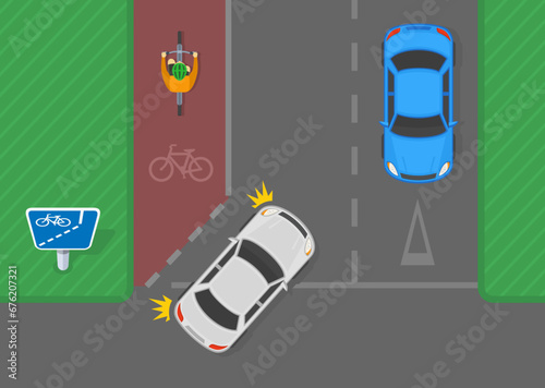 Safe driving tips and traffic regulation rules. British bike lane with cyclist. Top view of a flow cycle lane. Flat vector illustration template.
