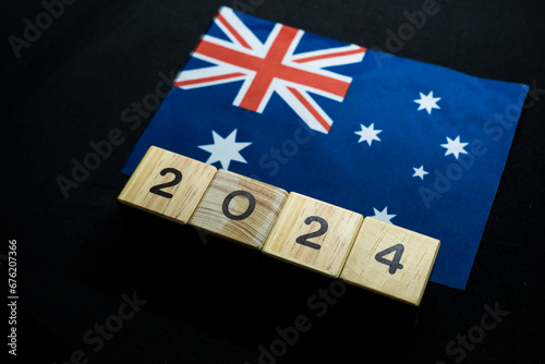 2024, Australia, Australia flag with date block, Concept, Important events for Australia in the new year, election, economy, social activities, central bank, Australia foreign policy photo