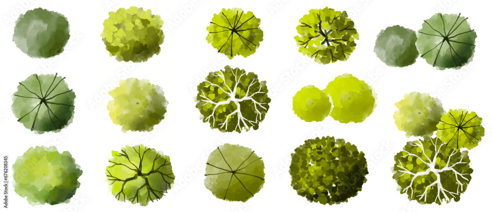 Vertor set of green tree,plants top view for landscape plan,schematic layout,eco environment concept design,watercolor greenery illustration Vertor set of green tree,plants top view for landscape plan,schematic layout,eco environment concept design,watercolor greenery illustration