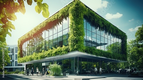 Modern office building with green leaves. Architectural detail of modern office building