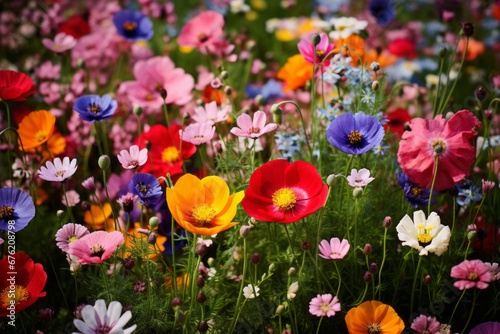 A colorful flower meadow with a wide variety of colorful flowers