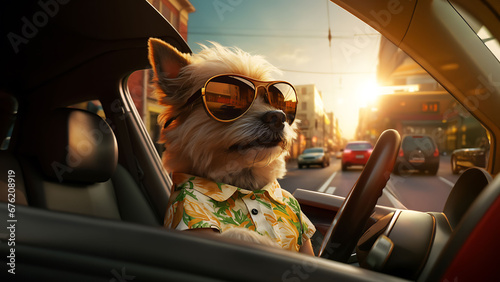 A small dog  is driving a car on a city street. The dog is wearing a Hawaiian shirt and sunglasses, and it is sitting in the driver's seat with its paws on the steering wheel.  © Anocha