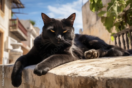 Close-up of a black stray street cat lying in the sun