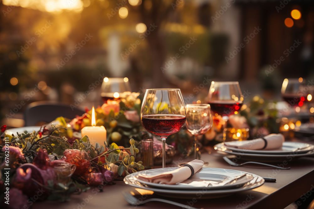 Thanksgiving and Christmas Table Setting Outdoors on Wooden Planks.Created with Generative AI technology.