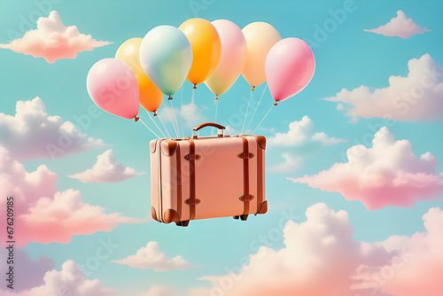 A flying suitcase hanging from a balloon. Generative AI