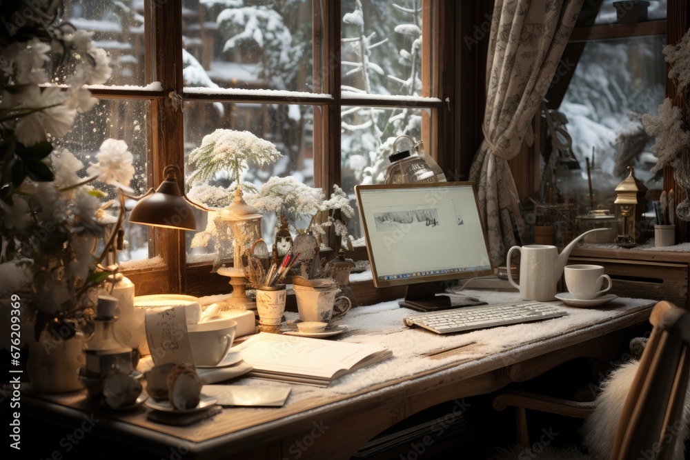 Laptop with blank screen in house and winter season. Generative AI
