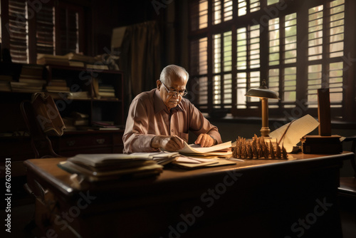 old man checking documents at office