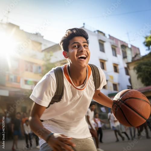 young indian boy playing basketball