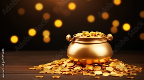 Happy Dhanteras background with golden pot and gold coins