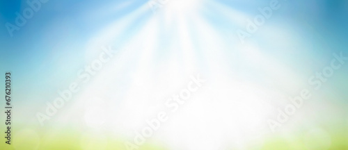 ESG concept, abstract blurred beautiful soft green bokeh light grass and blue sky autumn sunrise background