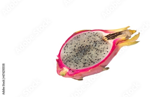 Closeup of Dragon Fruit Cut or Slice Isolated on White Background with Copy Space for Texts Writing