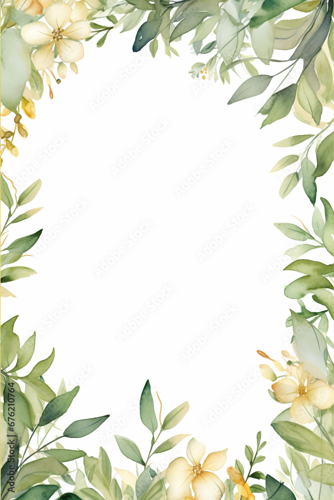 Watercolor floral illustration - leaves and branches wreath / frame with gold shape, for wedding stationary, greetings, wallpapers, fashion, background. Eucalyptus, olive, green leaves, etc.