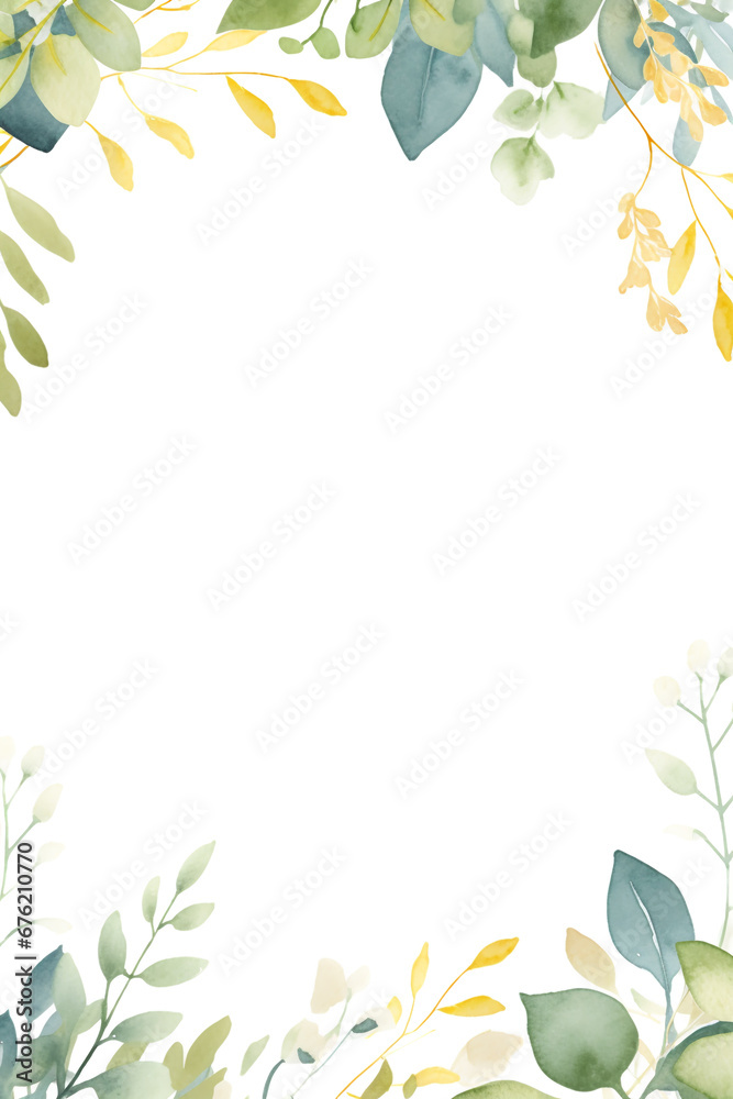 Watercolor floral illustration - leaves and branches wreath / frame with gold shape, for wedding stationary, greetings, wallpapers, fashion, background. Eucalyptus, olive, green leaves, etc.