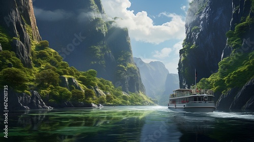 A ferry making its way through a narrow channel  flanked by lush  verdant cliffs