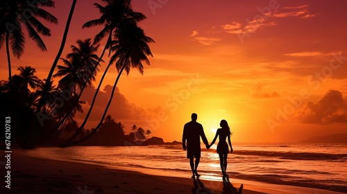 Honeymoon travel  silhouette of romantic couple on sunset beach  tropical holidays near the sea  man and woman together on vacation