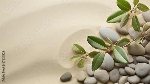 Natural Harmony Sage Twig and Pebble Rocks on Sand - Serene Botanical Background, copy space, top view