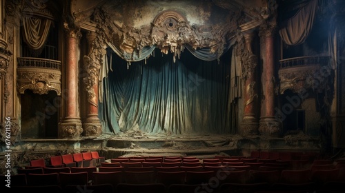a forsaken, dilapidated theater with broken stages, tattered curtains, and a presence of theatrical spirits
