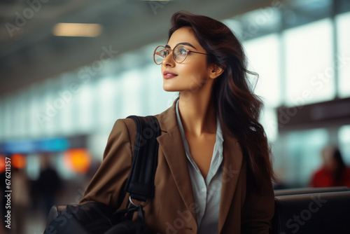 Young woman in suit standing at airport