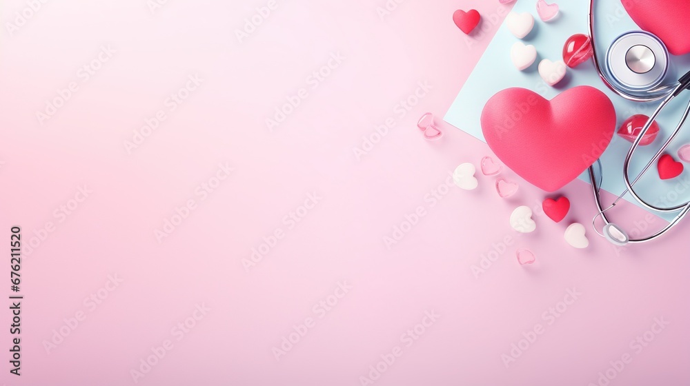 Pastel background, stethoscope, hearts, medical supplies, doctor's desk, minimalist fashion. Valentine's Day idea