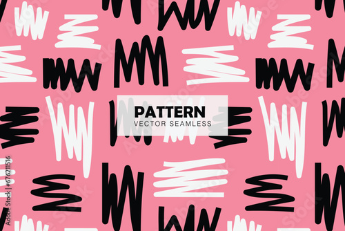 Zigzag white and black lines abstract pink background seamless repeat pattern