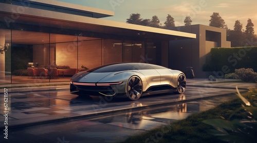 A front view of the autonomous car in an upscale suburban neighborhood, with the evening sun casting a warm glow on its high-end design, underlining its fusion of luxury and technology © Muhammad