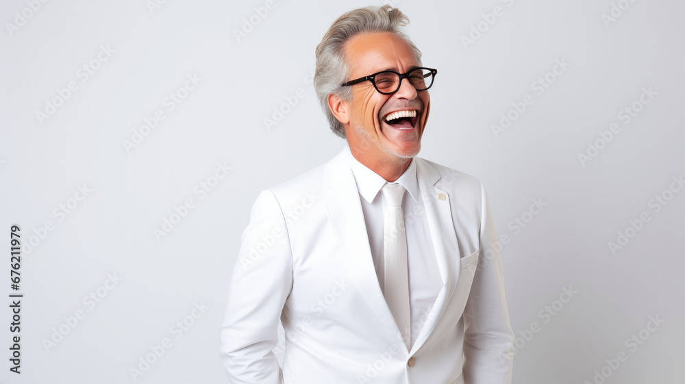Happy 60 years old businessman, smiling and laughing, wearing a Bright solid white dress