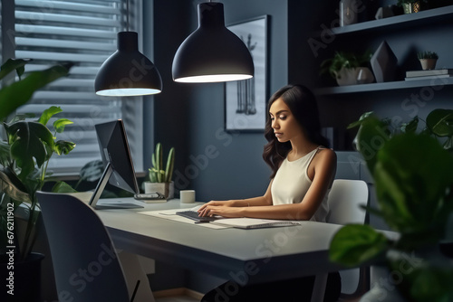 young woman work on laptop till late night at home photo