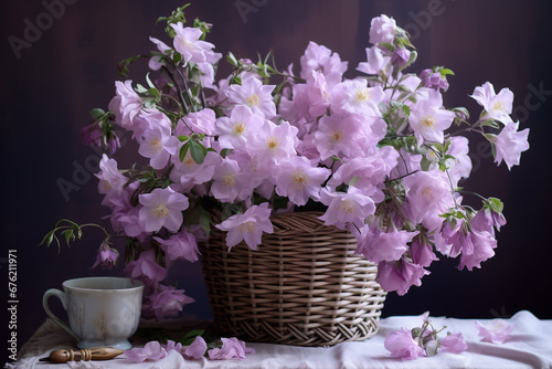 Beautiful purple hibiscus flowers in a basket on black background. Beautiful bouquet of flowers in basket on table on dark background. 