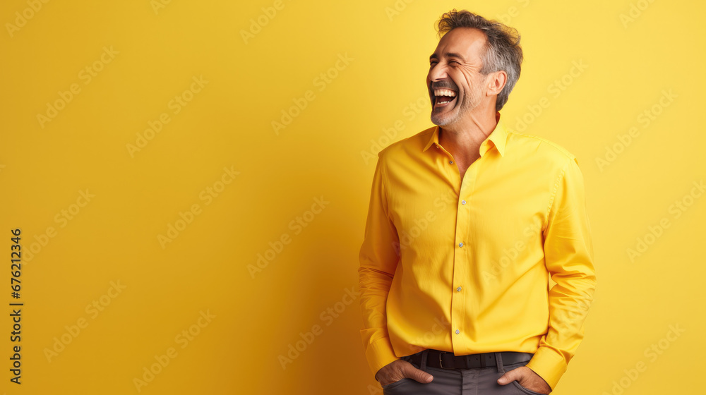 Obraz premium Happy ultra handsome Caucasian middle aged man, smiling and laughing, wearing a Bright solid yellow shirt